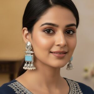 Jeweltos Oxidized Silver Finish Jhumka Earrings with Light Blue Stone and Pearl-Like Beads